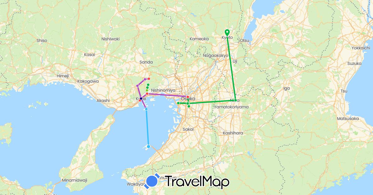 TravelMap itinerary: driving, bus, train, hiking, boat, electric vehicle in Japan (Asia)
